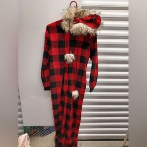 Secret Treasures Red and Black Soft Fleece Plaid Hooded Jumpsuit